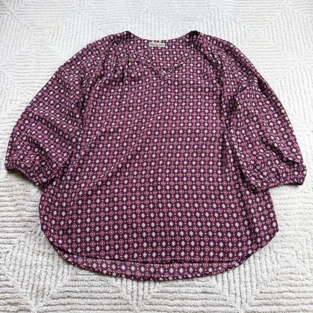 Pleione Blouse Womens Large Purple Geometric Boho Prepy Wokwear Office Academia
